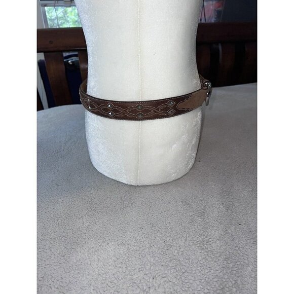 TONY LAMA Mens Cognac Nubuck Diamond Silver Studs Silver Buckle Belt - Picture 5 of 12